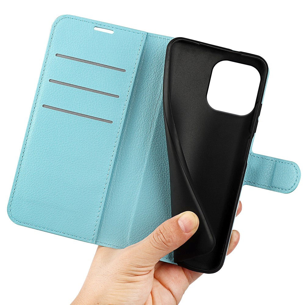 iPhone 15 Pro Max Litchi Læder Cover m. Pung - Blå