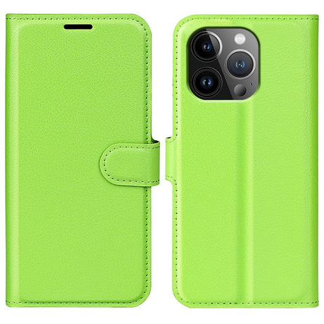 iPhone 15 Pro Max Litchi Læder Cover m. Pung - Grøn