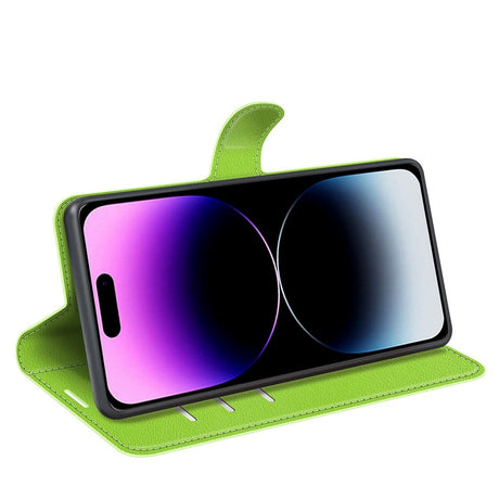 iPhone 15 Pro Max Litchi Læder Cover m. Pung - Grøn