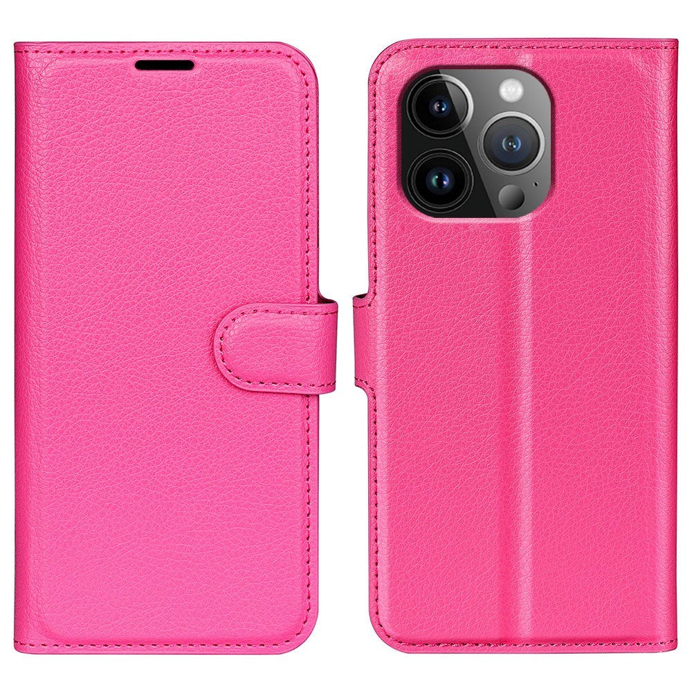 iPhone 15 Pro Max Litchi Læder Cover m. Pung - Pink