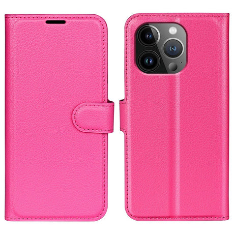 iPhone 15 Pro Max Litchi Læder Cover m. Pung - Pink