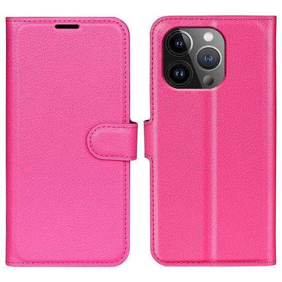 iPhone 15 Pro Max Litchi Læder Cover m. Pung - Pink