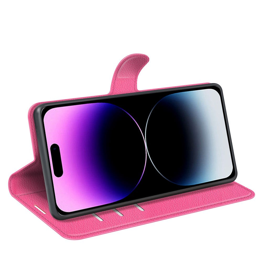 iPhone 15 Pro Max Litchi Læder Cover m. Pung - Pink