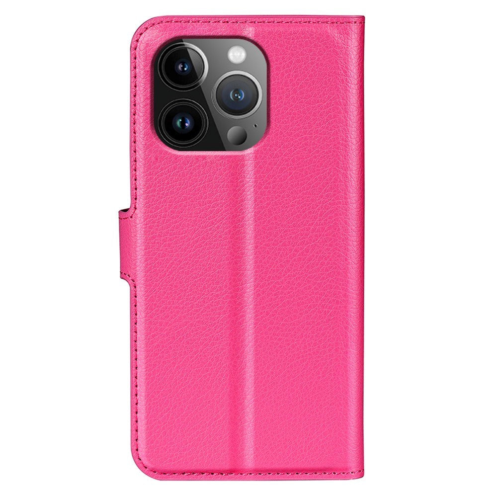 iPhone 15 Pro Max Litchi Læder Cover m. Pung - Pink