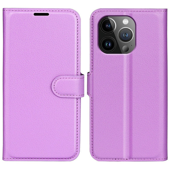 iPhone 15 Pro Max Litchi Læder Cover m. Pung - Lilla
