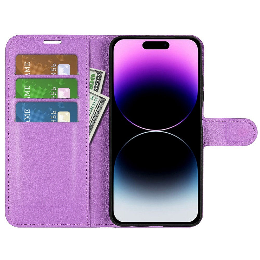 iPhone 15 Pro Max Litchi Læder Cover m. Pung - Lilla