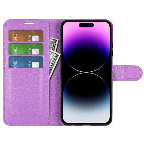 iPhone 15 Pro Max Litchi Læder Cover m. Pung - Lilla