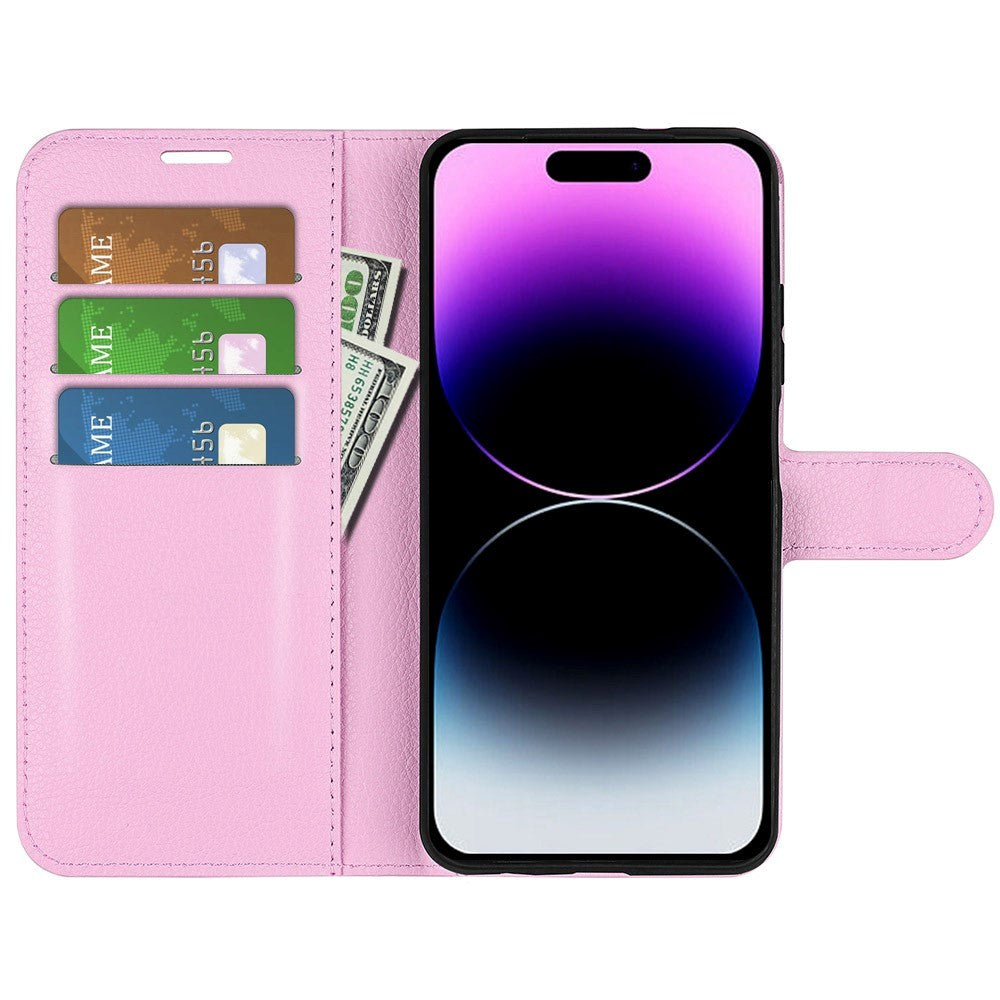 iPhone 15 Pro Litchi Læder Cover m. Pung - Pink