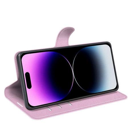 iPhone 15 Pro Litchi Læder Cover m. Pung - Pink