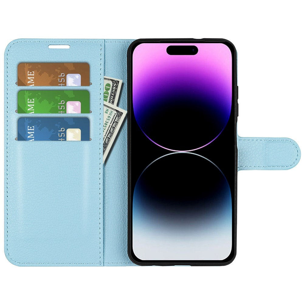 iPhone 15 Pro Litchi Læder Cover m. Pung - Blå