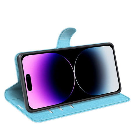 iPhone 15 Pro Litchi Læder Cover m. Pung - Blå