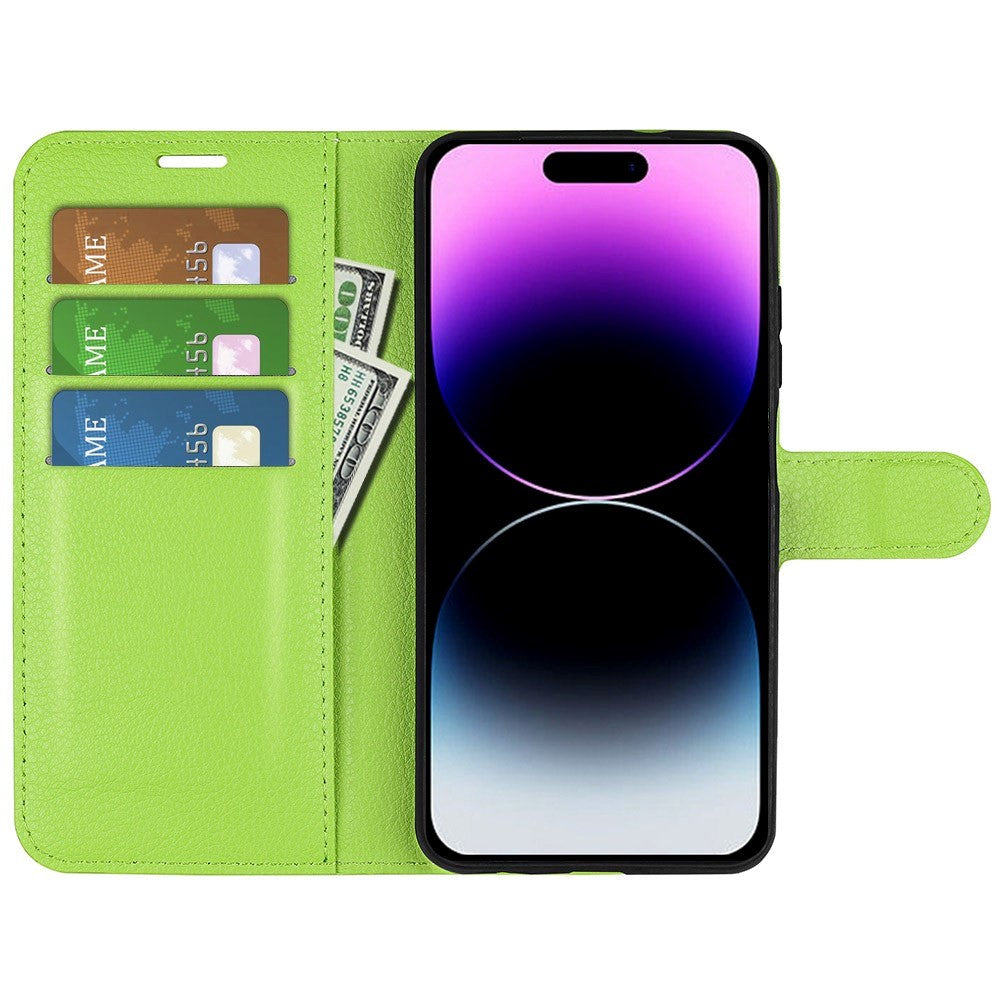 iPhone 15 Pro Litchi Læder Cover m. Pung - Grøn