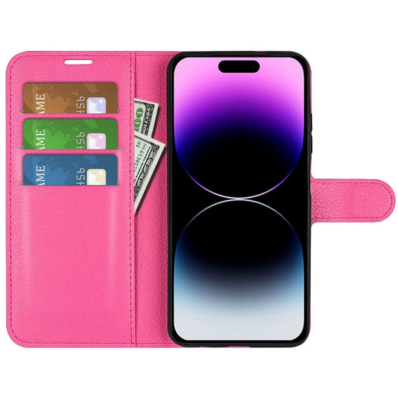 iPhone 15 Pro Litchi Læder Cover m. Pung - Rose