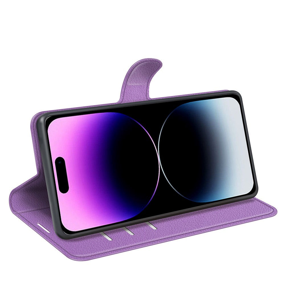 iPhone 15 Pro Litchi Læder Cover m. Pung - Lilla