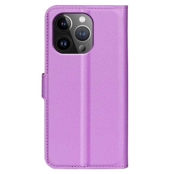 iPhone 15 Pro Litchi Læder Cover m. Pung - Lilla