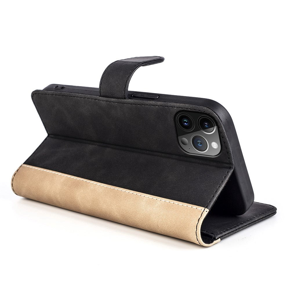 iPhone 15 Pro Multifarvet Læder Cover m. Pung - Sort / Lys Brun