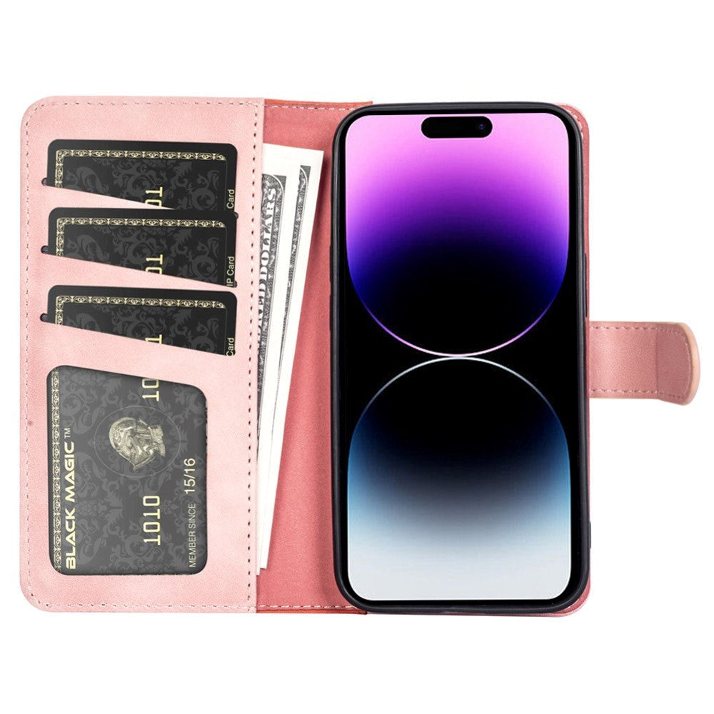 iPhone 15 Pro Multifarvet Læder Cover m. Pung - Lyserød / Rød
