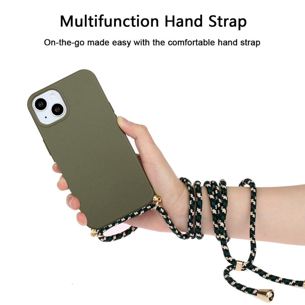 iPhone 15 Plus Fleksibelt Plastik Cover m. Snor / Strop - Army Grøn