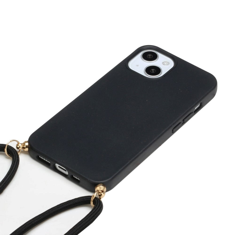 iPhone 15 Fleksibelt Plastik Cover m. Snor / Strop - Sort