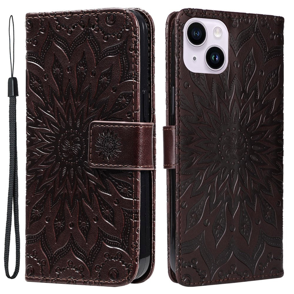 iPhone 15 Plus Læder Cover m. Pung og Strop - Mandala Blomst - Brun