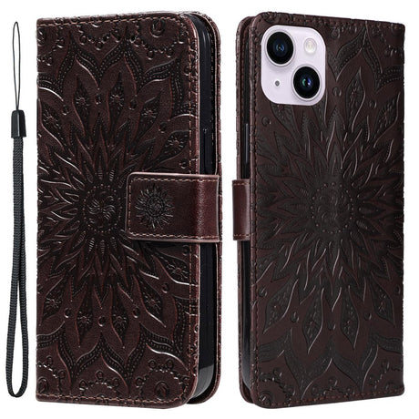 iPhone 15 Plus Læder Cover m. Pung og Strop - Mandala Blomst - Brun