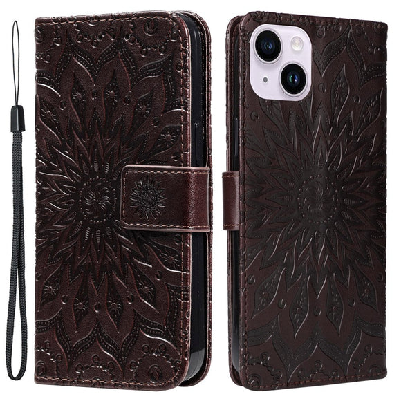 iPhone 15 Plus Læder Cover m. Pung og Strop - Mandala Blomst - Brun