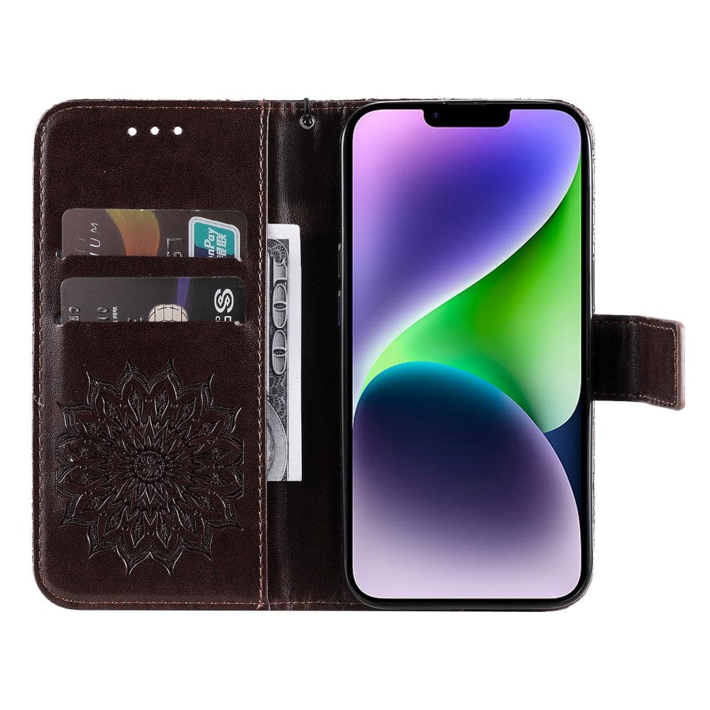 iPhone 15 Plus Læder Cover m. Pung og Strop - Mandala Blomst - Brun