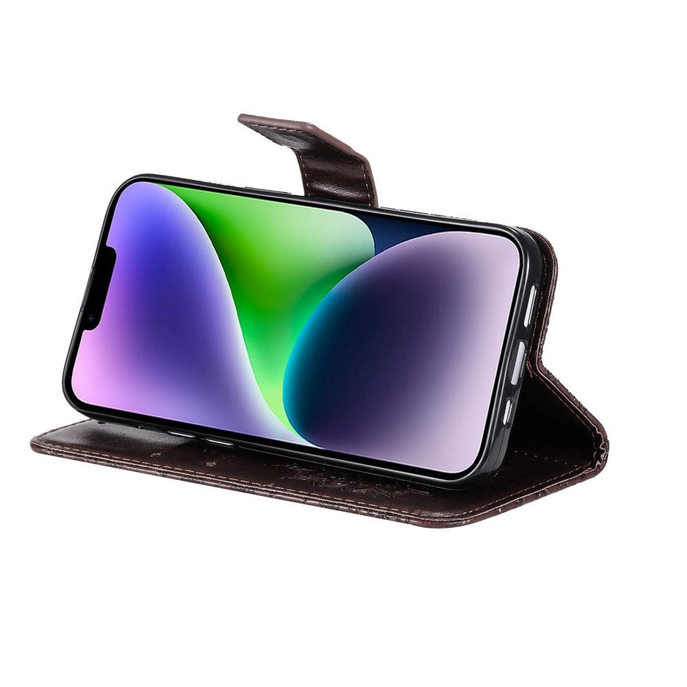 iPhone 15 Plus Læder Cover m. Pung og Strop - Mandala Blomst - Brun