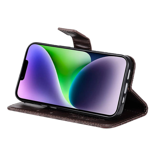 iPhone 15 Plus Læder Cover m. Pung og Strop - Mandala Blomst - Brun