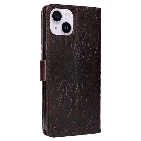 iPhone 15 Plus Læder Cover m. Pung og Strop - Mandala Blomst - Brun