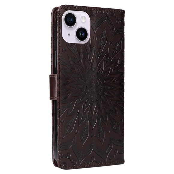 iPhone 15 Plus Læder Cover m. Pung og Strop - Mandala Blomst - Brun