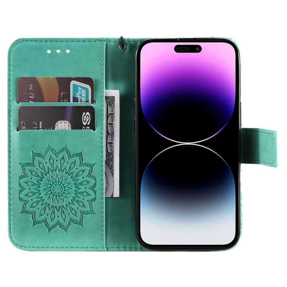 iPhone 15 Pro Max Læder Cover m. Pung og Strop - Mandala Blomst - Grøn