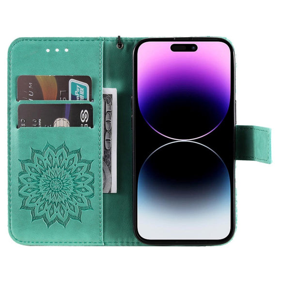 iPhone 15 Pro Max Læder Cover m. Pung og Strop - Mandala Blomst - Grøn