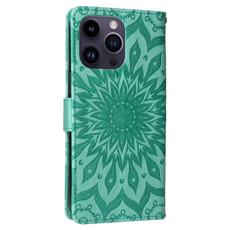iPhone 15 Pro Max Læder Cover m. Pung og Strop - Mandala Blomst - Grøn