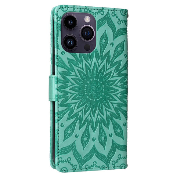 iPhone 15 Pro Max Læder Cover m. Pung og Strop - Mandala Blomst - Grøn