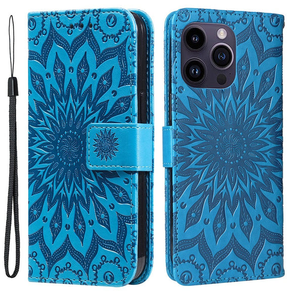 iPhone 15 Pro Max Læder Cover m. Pung og Strop - Mandala Blomst - Blå