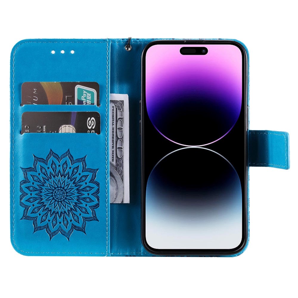 iPhone 15 Pro Max Læder Cover m. Pung og Strop - Mandala Blomst - Blå