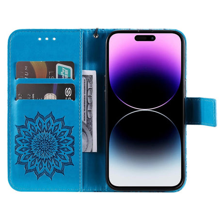 iPhone 15 Pro Max Læder Cover m. Pung og Strop - Mandala Blomst - Blå