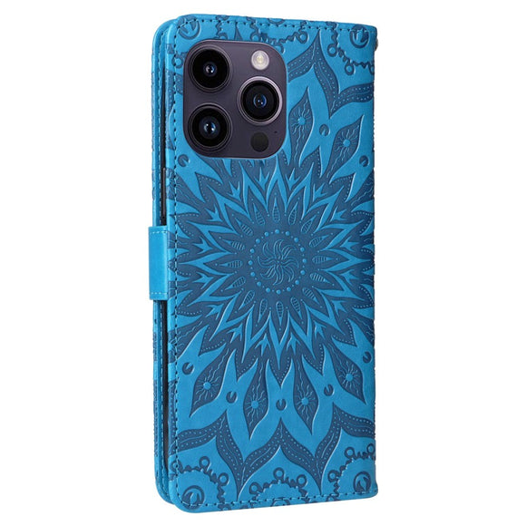 iPhone 15 Pro Max Læder Cover m. Pung og Strop - Mandala Blomst - Blå