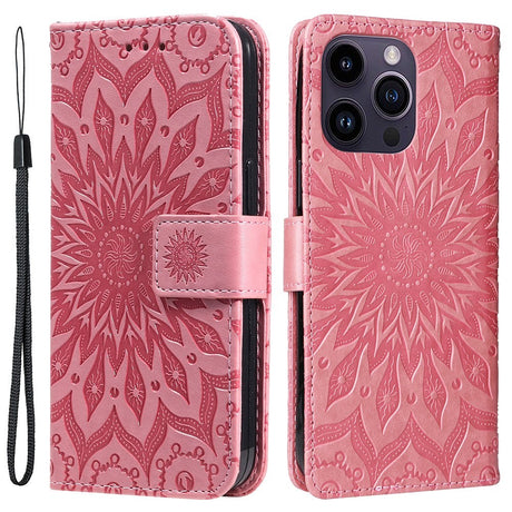 iPhone 15 Pro Max Læder Cover m. Pung og Strop - Mandala Blomst - Lyserød