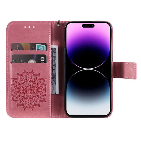 iPhone 15 Pro Max Læder Cover m. Pung og Strop - Mandala Blomst - Lyserød
