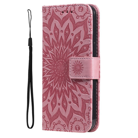 iPhone 15 Pro Max Læder Cover m. Pung og Strop - Mandala Blomst - Lyserød