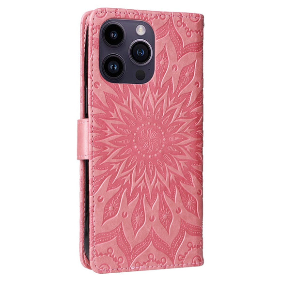 iPhone 15 Pro Max Læder Cover m. Pung og Strop - Mandala Blomst - Lyserød