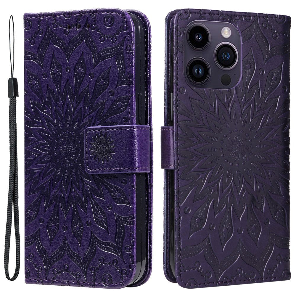 iPhone 15 Pro Max Læder Cover m. Pung og Strop - Mandala Blomst - Lilla