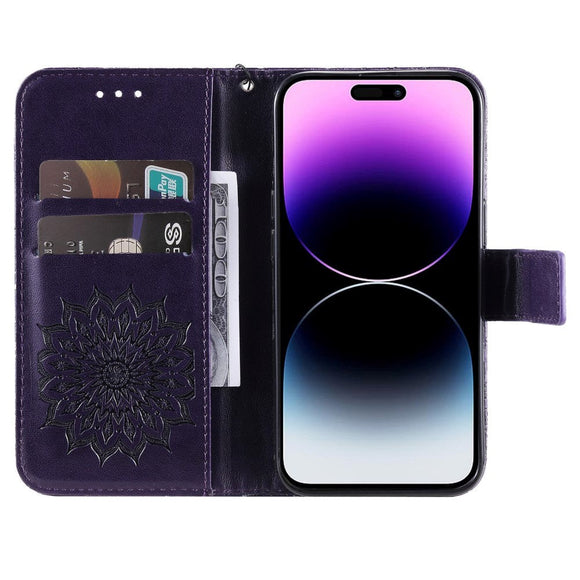 iPhone 15 Pro Max Læder Cover m. Pung og Strop - Mandala Blomst - Lilla