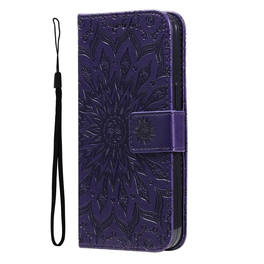 iPhone 15 Pro Max Læder Cover m. Pung og Strop - Mandala Blomst - Lilla