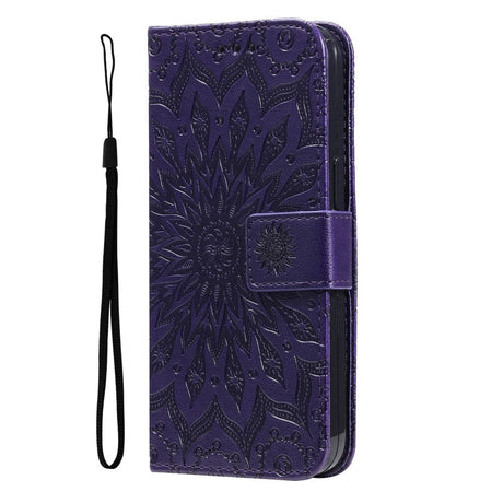 iPhone 15 Pro Max Læder Cover m. Pung og Strop - Mandala Blomst - Lilla