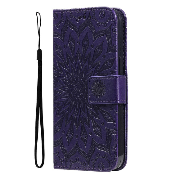 iPhone 15 Pro Max Læder Cover m. Pung og Strop - Mandala Blomst - Lilla