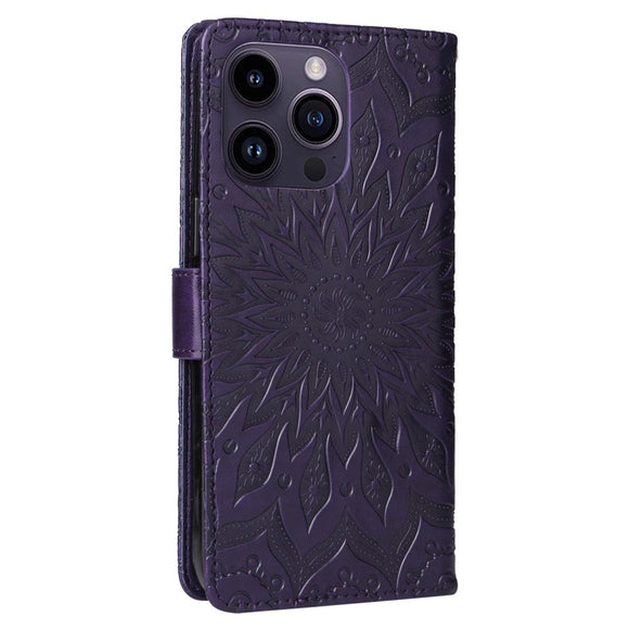 iPhone 15 Pro Max Læder Cover m. Pung og Strop - Mandala Blomst - Lilla