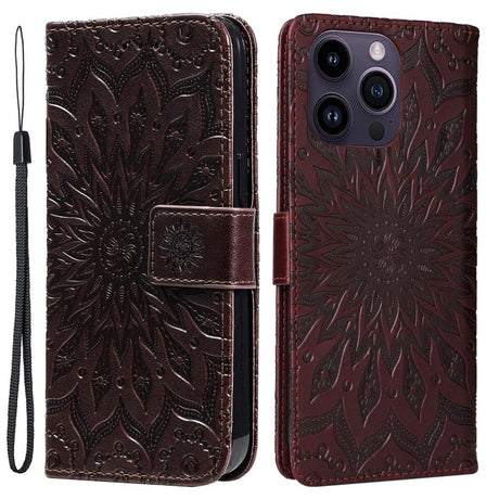 iPhone 15 Pro Max Læder Cover m. Pung og Strop - Mandala Blomst - Brun